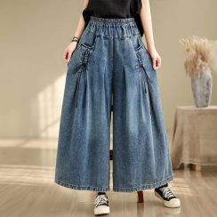 Summer Elastic Loose Fitting Casual Wide Leg Baggy Womens Jeans