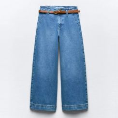 Mid Blue Washed Loose High Waisted Cropped Wide Leg Jeans