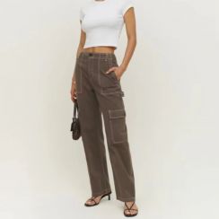 Brown High Waist High Rise Utility Straight Denim Cargo Pants