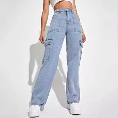 Side Pocket Straight Leg Cargo Denim Pants