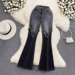 Summer Womens High Waist Spliced Flared Jeans 