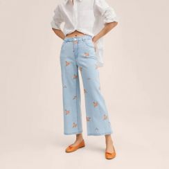 Fashionable Casual Cotton Mid Waist Wide Leg Ankle Length Embroidery Jeans
