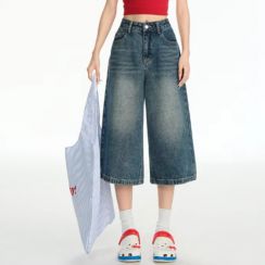 Womens Summer Retro High Waist Loose Fitting Cropped Jeans