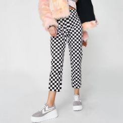 Women Black and White High Waisted Checkered Cropped Trousers